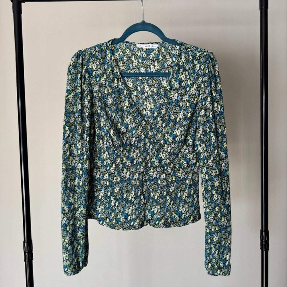 Mango (MNG) Green Floral Long-Sleeve Blouse